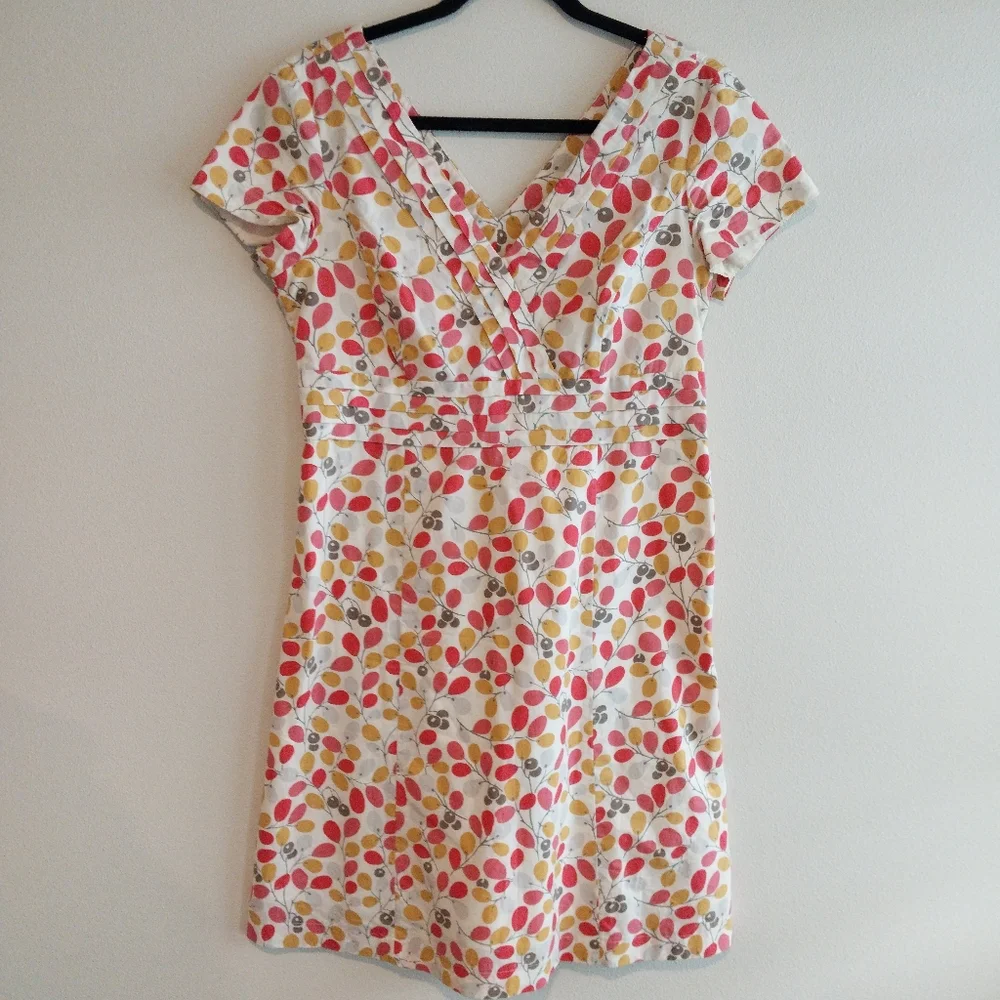 Boden Pink and Yellow Olive Branch Cap Sleeve Pintuck Bodice Cotton Shift Dress